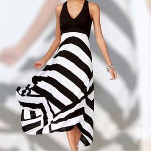 Inc International Concepts Asymmetrical Hem Maxi Dress Black White Stripe